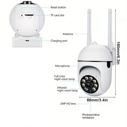 מצלמת אבטחה חיצונית 2MP עם WiFi, ראיית לילה וסיבוב 360°