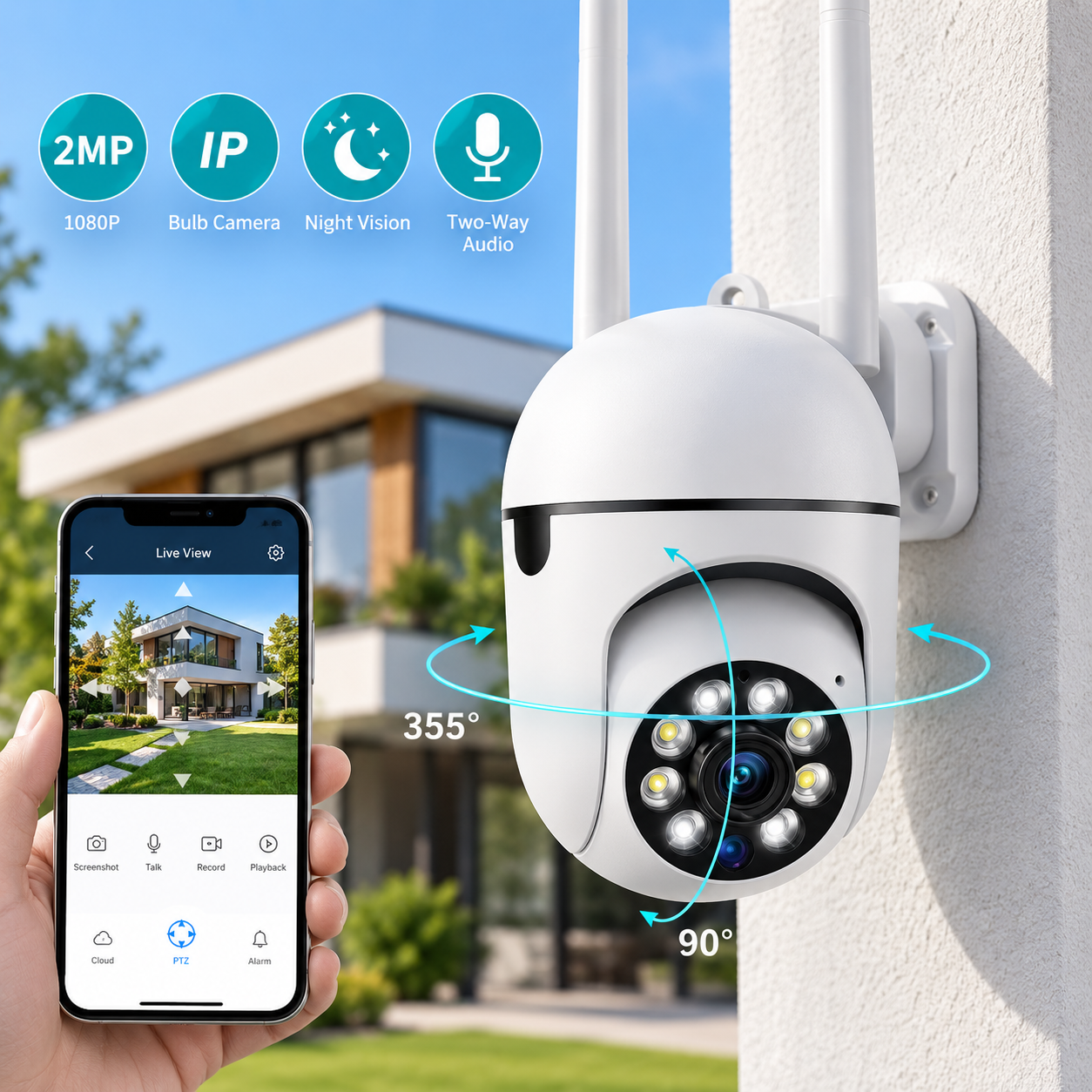 מצלמת אבטחה חיצונית 2MP עם WiFi, ראיית לילה וסיבוב 360°